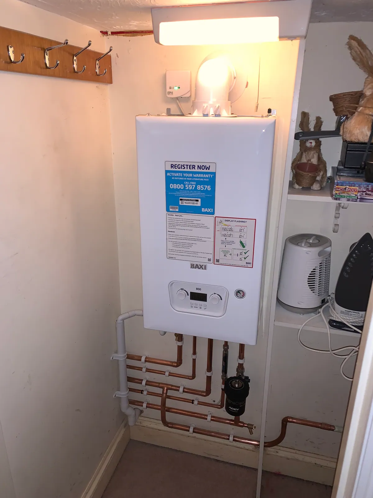 Baxi 800 boiler installed by Howe Heating with neat copper pipework and a magnetic system filter